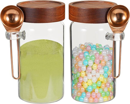 18oz Glass Coffee Jars with Scoop Wood Screw Lid Clear Round Spice Jar Herb Container Sugar Storage Bottle Canister for Seasoning Meal Prep Tea Coffee Ground Bean Salts (2×550ml(18oz)with spoon) - Image 4