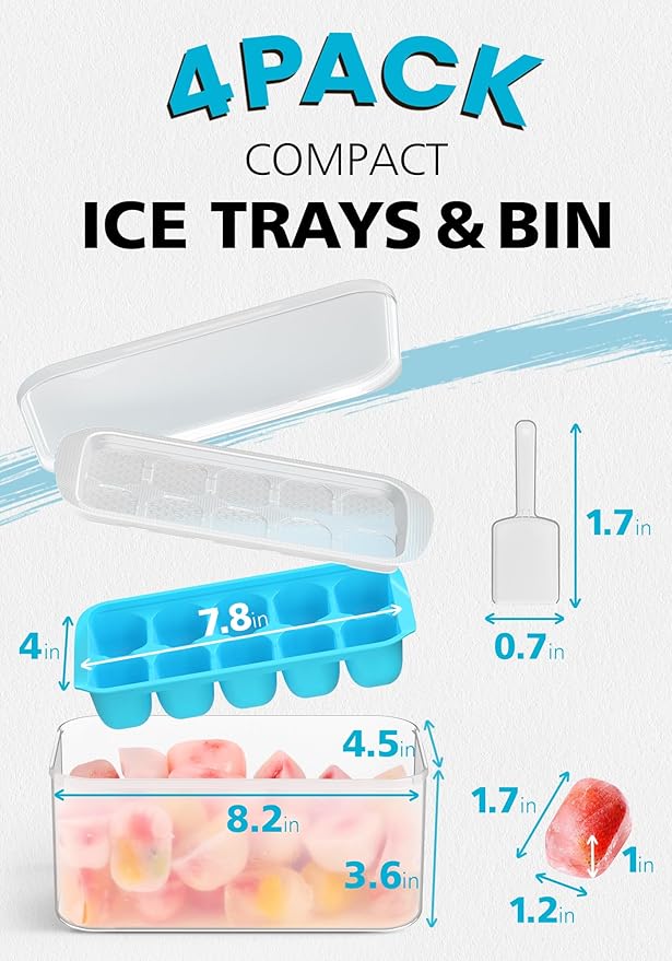 DOQAUS Ice Cube Tray with Lid and Bin - 4 Pack Ice Bucket Kits, Stackable Silicone Ice Trays for Freezer, Easy Pop Out, BPA Free for Cocktail, Coffee, Soup, Food, RV, Kitchen - Image 6