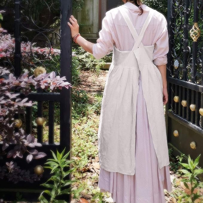 Uaussi Cotton Linen Apron Cross Back Work Apron for Women with Pockets Pinafore Dress X Cross Halter Apron for Chef Gardening - Image 4