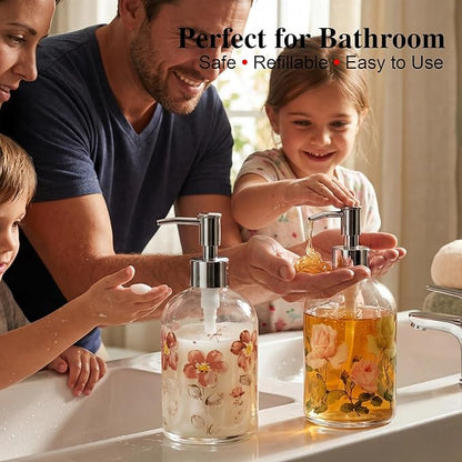 17oz Glass Soap Dispenser with Plastic Pump, 2 Pack Refillable Kitchen Soap Dispenser for Dish Soap, Soap Dispenser Bathroom for Hand Soap, Lotion, Body Wash(Flower)