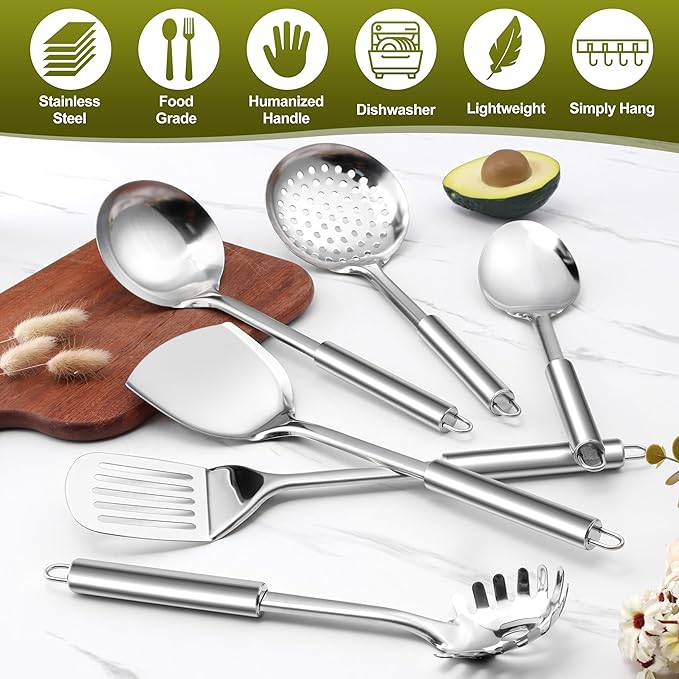 E-far Cooking Utensils Set, 10-Piece Stainless Steel Kitchen Utensils with Holder, Metal Heat Resistant Kitchen Cookware Tool Spatula Set for Cooking, Easy Clean & Dishwasher Safe - Image 5