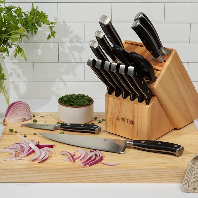 Yatoshi 15 Piece Black Knife Block Set - Pro Kitchen Knife Set Ultra Sharp High Carbon Stainless Steel with Ergonomic Handle - Image 5
