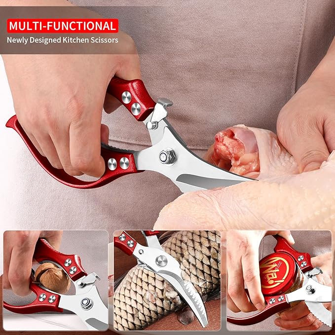 MAD SHARK Professional Heavy Duty Poultry Shears - Kitchen Shears for Spatchcocking Chicken and Meat Cutting, Multi-Purpose Kitchen Scissors for Food, Spring-loaded (Red) - Image 3