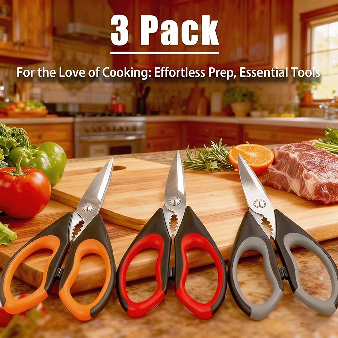Kitchen Scissors All Purpose 3 Pack - Heavy Duty Stainless Steel Cooking Shears for Cutting Meat, Food, Fish, Poultry Multipurpose Sharp Sissors for Dishwasher Safe, with Blade Guards - Image 2