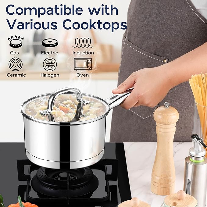 LIANYU Stainless Steel Saucepan Set of 2, 1QT & 3QT Sauce Pan with Lid, Tri-Ply Bottom Milk Pot, All Stove Compatible, Oven & Dishwasher Safe