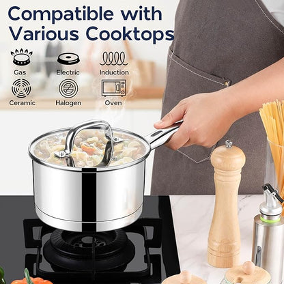 LIANYU 2 Quart Saucepan with Lid, Stainless Steel Sauce Pan Small Cooking Pot, Tri-Ply Bottom Multipurpose Sauce Pot, Dishwasher Safe, Compatible with All Stovetops