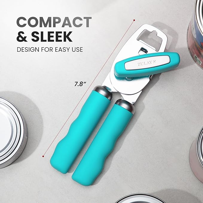 Zulay Kitchen Heavy Duty Stainless Steel Can Opener Manual with Bottle Opener - Rust Proof Manual Can Opener With Turn Knob & Comfy Soft Grip Handles - Turquoise - Image 2