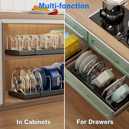 Mustorn 2 Pack Pots and Pans Organizer under Cabinet, 22" Expandable Food Storage Container Lid Organizer with 9 Adjustable Stainless Steel Dividers, ABS Base, Countertop Rack, Black - Image 3
