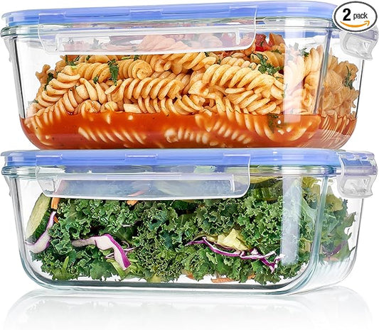 Vtopmart 2Pack 1860ml/63oz Large Glass Storage Containers with Lids, Meal Prep Food Container Set with Snap Airtight Lid for Baking, Microwave, Oven, Leak Proof, for Freezer, Dishwasher, Blue