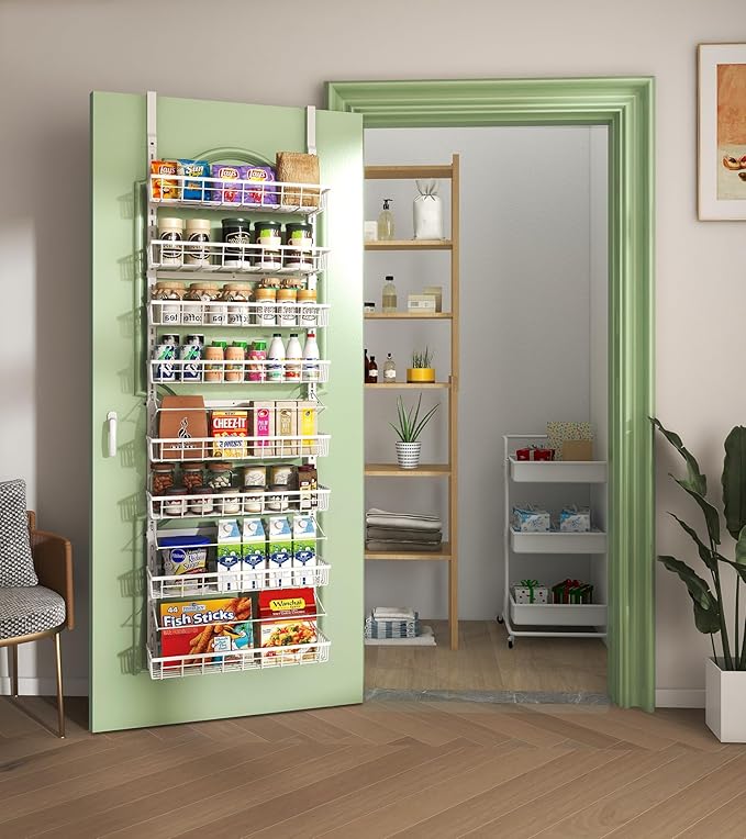 Mefirt Over The Door Pantry Organizer, Wall Mount Spice Rack, Pantry Hanging Storage and Organization, 8 Adjustable Baskets Heavy-Duty Metal for Home & Kitchen, Back of Door Seasoning Rack - White - Image 5