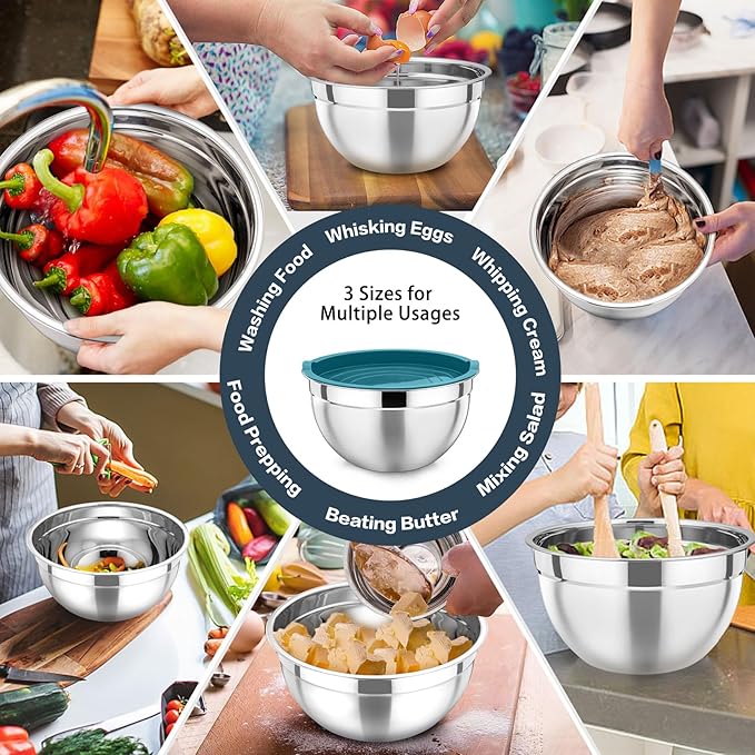 P&P CHEF Blue Mixing Bowls with Lids, Set of 3, Stainless Steel Salad Nesting Bowl for Mixing, Storing, Prepping, Airtight & Stackable, Size 4.6/3 /1.5 QT - Image 5