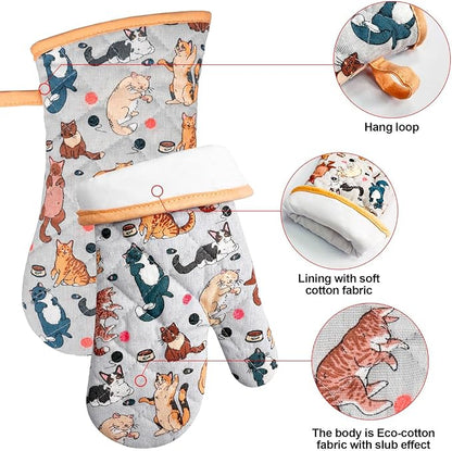 Alselo Oven Mitts and Pot Holders with Chef Apron,Set of 5 Heat Resistant Kitchen Gloves and Silicone Non-Slip Potholders Adjustable Neck Buckle Chef Apron, Cotton Nice Design for Cooking (Cat)
