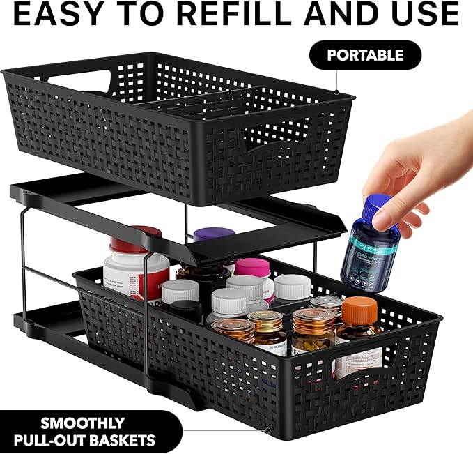 Simple Houseware 2 Tier Bathroom Organizer Tray Pull-Out Sliding Drawer, Under Sink Storage, Black - Image 3
