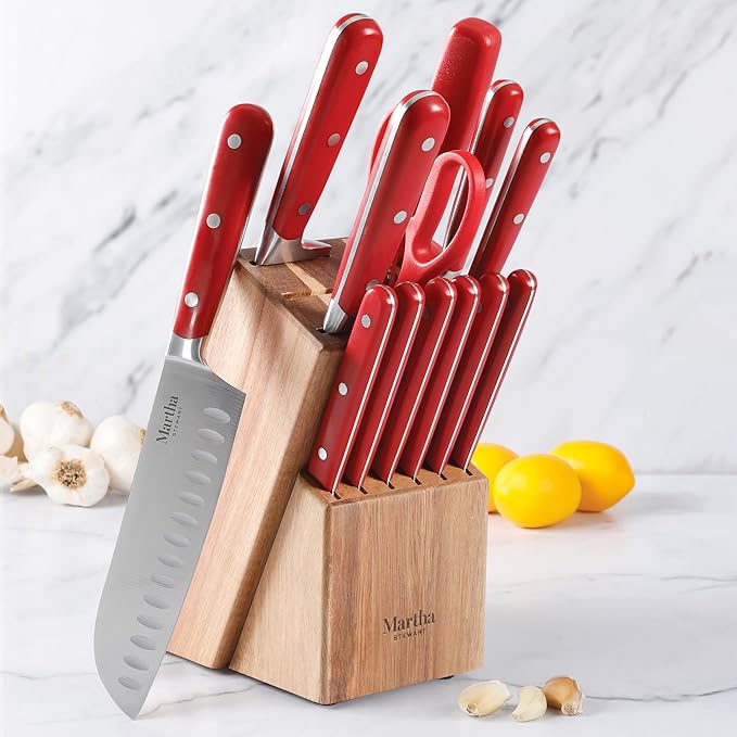 MARTHA STEWART Eastwalk 14 Piece High Carbon Staineless Steel Cutlery Knife Block Set w/ABS Triple Riveted Forged Handle Acacia Wood Block - Red - Image 7