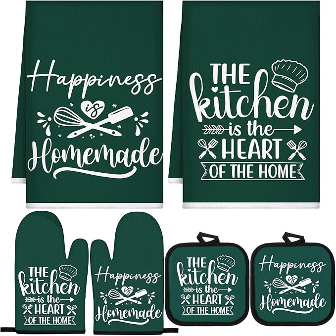 Sratte 6 Pcs Kitchen Decor Accessories Set Farmhouse Towels Pot Holders Oven Mitts Set 2 Dish Towels 2 Potholders 2 Cooking Mittens Oven Glove for Christmas Baking Cooking(Dark Green,Kitchen) by Sratte