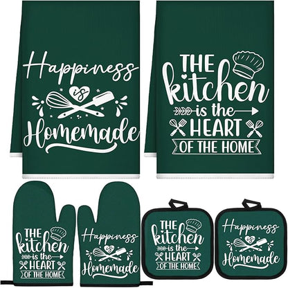 Sratte 6 Pcs Kitchen Decor Accessories Set Farmhouse Towels Pot Holders Oven Mitts Set 2 Dish Towels 2 Potholders 2 Cooking Mittens Oven Glove for Christmas Baking Cooking(Dark Green,Kitchen) by Sratte