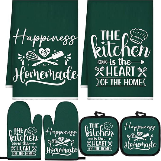 Sratte 6 Pcs Kitchen Decor Accessories Set Farmhouse Towels Pot Holders Oven Mitts Set 2 Dish Towels 2 Potholders 2 Cooking Mittens Oven Glove for Christmas Baking Cooking(Dark Green,Kitchen) by Sratte