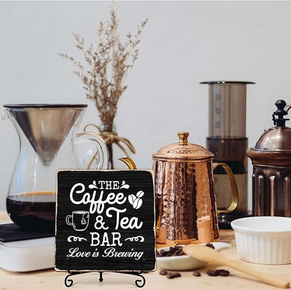 Coffee Bar Sign, Love is Brewing Farmhouse Tabletop Decor, Coffee and Tea Lover Gifts, 5x5 Wood Plaque with Iron Stand for Home Kitchen Cafe, Coffee Bar Decor – L01 - Image 7