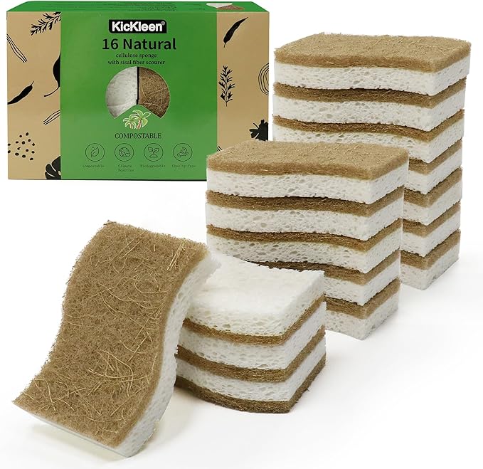 16 Pack Biodegradable Natural Kitchen Sponge - Compostable Cellulose and Coconut Walnut Scrubber Sponge - Eco Friendly Sustainable Sponges for Dishes by KICKLEEN