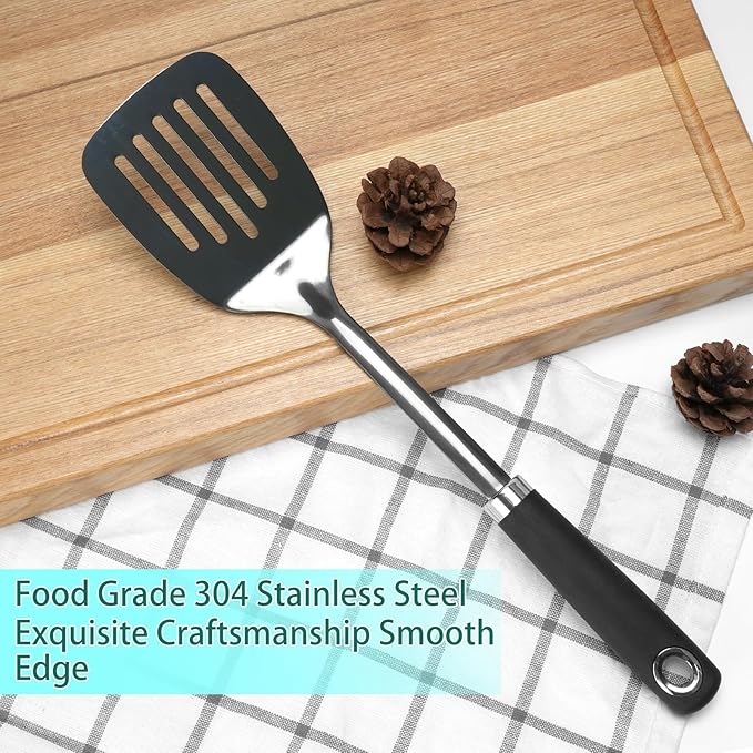 Metal Spatula, Stainless Steel Slotted Turner for Kitchen Use, Heat-Resistant Non-Slip Silicone Handle, Cooking Spatula for Pancakes, Eggs, Burgers, Black