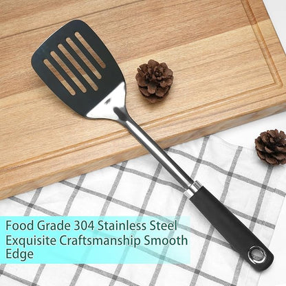 Metal Spatula, Stainless Steel Slotted Turner for Kitchen Use, Heat-Resistant Non-Slip Silicone Handle, Cooking Spatula for Pancakes, Eggs, Burgers, Black