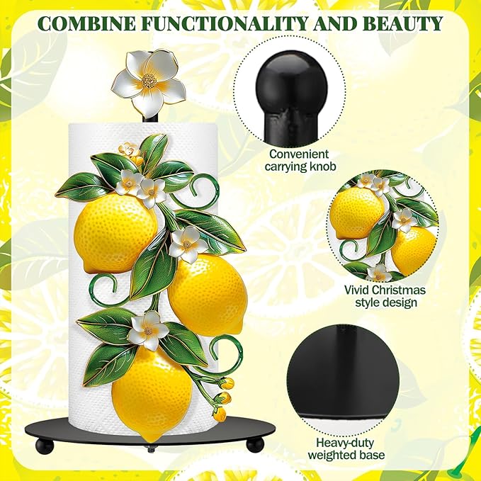 Thyle Lemon Paper Towel Holder with Round Base Lemon Bathroom Decor Rustic Housewarming Gifts Dispenser Kitchen Paper Holder Stand for Christmas Yellow Countertop Toilet Home Accessories