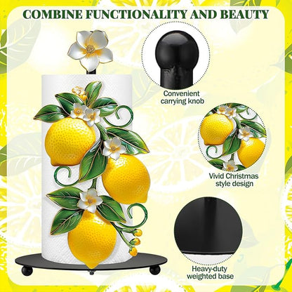 Thyle Lemon Paper Towel Holder with Round Base Lemon Bathroom Decor Rustic Housewarming Gifts Dispenser Kitchen Paper Holder Stand for Christmas Yellow Countertop Toilet Home Accessories