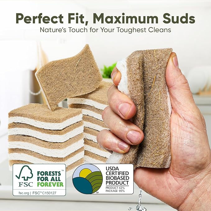Plant-Based Kitchen Sponges (12 Pack) | USDA Biobased Certified | FSC & PETA Approved | Natural Cellulose & Coconut Scrubber Sponge | S-Shaped Design | Eco-Friendly, Non-Scratch, Non-Toxic & Vegan - Image 6