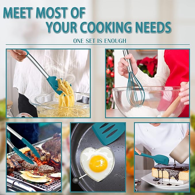 Silicone Cooking Utensils Set, E-far 14-Piece Blue Kitchen Utensils Set with Holder, Kitchen Tools Spatulas with Stainless Steel Handle for Non-stick Cookware, Heat Resistant & Dishwasher safe - Image 4
