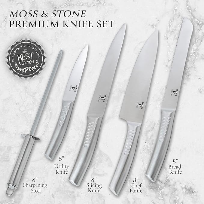Moss & Stone Professional Kitchen Knife Chef Set, 6 Pcs Small Knife Set With Block, Premium Kitchen Knife Set Stainless Steel, Scratch Resistant & Rust Proof, Knife Block With Sharp Cooking Knives. - Image 2