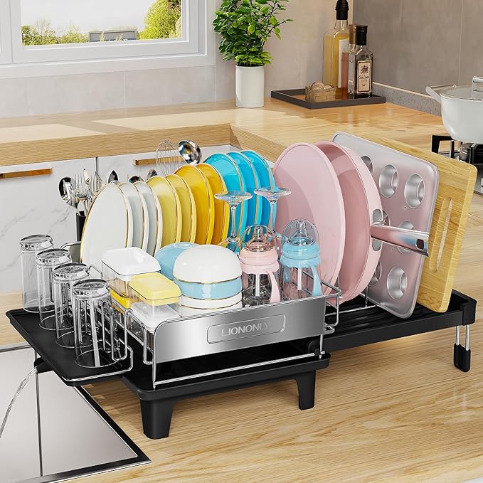Expandable Dish Drying Rack, Dish Racks for Kitchen Counter, Stainless Steel 304, Flip-Top Retractable Plate, Multi-Directional Adjustable Dish Rack, Space Saving Large Drying Rack Kitchen, Black by StartYourHomeStorageLife
