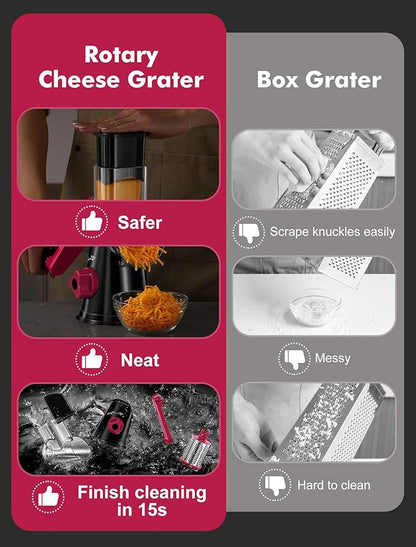 Cheese Grater Rotary, Rotary Grater for Kitchen, Kitchen Vegetable Slicer with 3 Drum Blades, Fast Cutting Cheese Shredder for Vegetables and Nuts (Black+Rosy, 3 BLADES) - Image 5