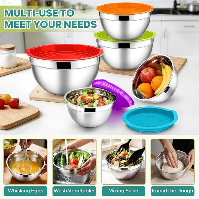 E-far Mixing Bowls With Lids Sets of 5, 10-Piece Stainless Steel Salad Metal Nesting Bowl for Baking Cooking and Prepping, Airtight Lid & Stackable Design, Size 4.6, 3, 2.1, 1.5, 0.7 QT, Colorful - Image 5