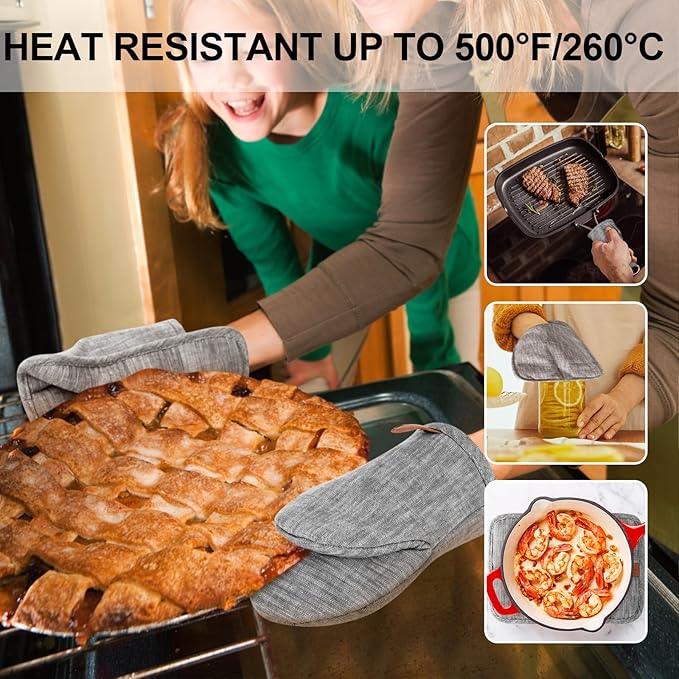 4Pcs Heat Resistant Oven Mitts & Potholders (Up to 500°F), Flexible Kitchen Accessories for BBQ, Baking, Microwave, Stovetop Use and More (Gray) - Image 7