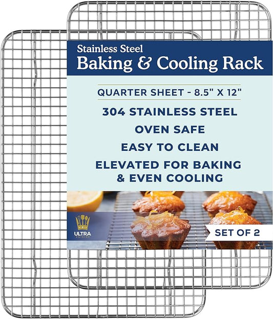 Ultra Cuisine Oven-Safe, Dishwasher-Safe 100% Stainless Steel Cooling & Baking Rack Set - Tight-Wire Bake for Oven Cooking - Heavy Duty - 8.5x12 - Set of 2 - Small Quarter Sheet Pan Cooling Racks by UltraCuisine