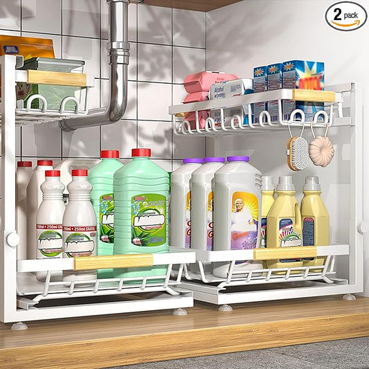 Sevenblue 2 Packs Under Sink Organizer, Height Adjustable 2 Tier Under Kitchen Sink Organizer, Multi-Purpose Storage Shelf for Kitchen Bathroom Cabinet (White, Extra Large) by Sevenblue