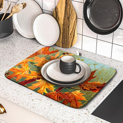 Giwawa Fall Birds Dish Drying Mat 16x18 Inch Autumn Maple Leaf Tree Dish Drainer Mats Thanksgiving Decorative Microfiber Reversible Dish Drying Rack Pad Small for Kitchen Countertop Tabletop