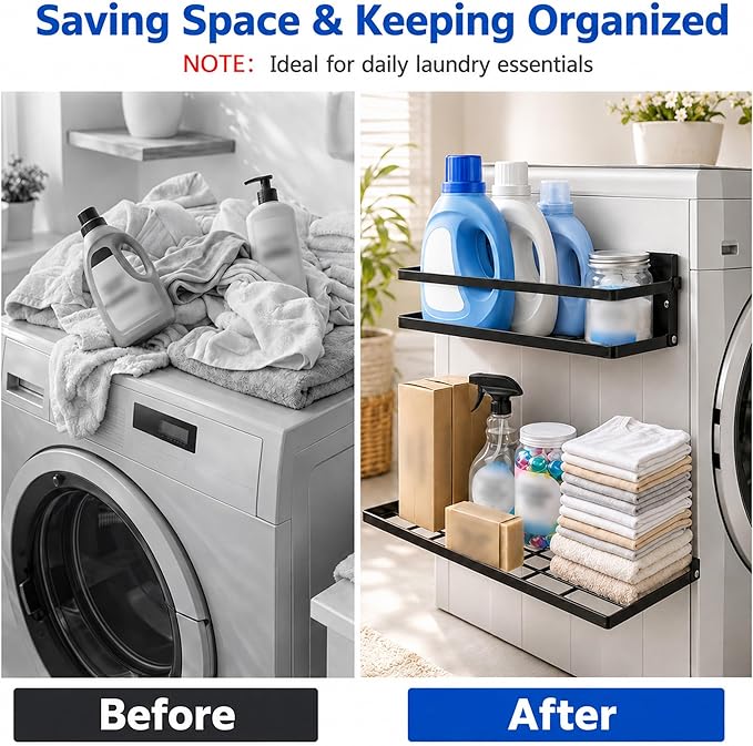 Magnetic Shelf for Washer Dryer, Foldable 2 Tier Metal Organizer Rack with Hooks, No Drill Laundry Room Side Storage, Magnetic Fridge Shelf for Refrigerator, Cabinet, Locker, RV