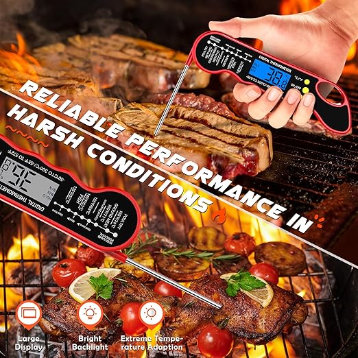 TRAUSI Instant Read Meat Thermometer, Fast & Accurate Digital Food Thermometer with Backlight, Waterproof & Magnet for Grilling, Cooking, BBQ, Smoker, Baking, and Candy Making Red - Image 2