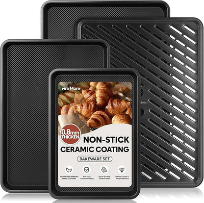 Nonstick Cookie Sheets for Baking with Cooling Rack Set of 4, 0.8mm Thick Heavy Duty Baking Sheets for Oven, Half/Quarter/Jelly Roll Pans Oven Trays, Baking Pan Set with Diamond Texture by FireMore