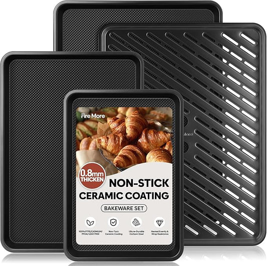 Nonstick Cookie Sheets for Baking with Cooling Rack Set of 4, 0.8mm Thick Heavy Duty Baking Sheets for Oven, Half/Quarter/Jelly Roll Pans Oven Trays, Baking Pan Set with Diamond Texture by FireMore