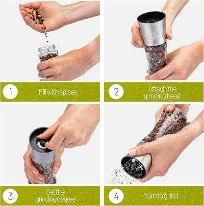 ZOLMER® Premium Stainless Steel Salt and Pepper Grinder Set manual | Adjustable Ceramic Grinder for Salt and Pepper, Chili and more - Big Silver [No Spices Included]