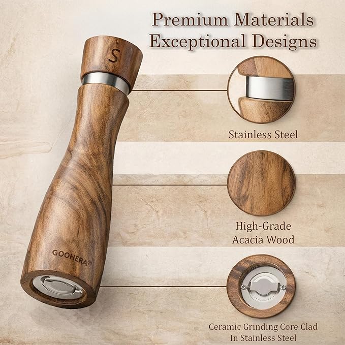 Premium Acacia Wood Salt & Pepper Grinder Set, 8-Inch Manual Mills with Adjustable Coarseness, Ceramic Core, Matching Tray, Spoon & Cleaning Brush – 2 Pack - Image 5