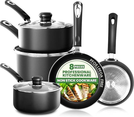 KICHLY 8 Piece Pots and Pans Set, Non Stick Kitchen Cookware Set with 20cm & 28cm Frying Pans and 16cm, 18cm, 20cm Saucepans with Lids, Induction Compatible Pots and Pans Set Non Stick, Black