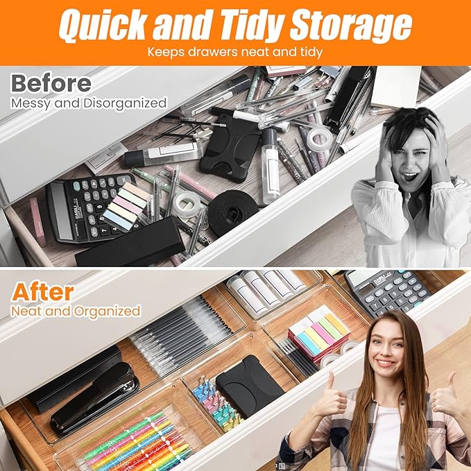 Criusia 6 Pcs Large Size Clear Drawer Organizer Set, Acrylic Non Slip Non Cracking Kitchen Drawer Storage Tray Divider, Multifunctional Storage for Cosmetics, Bathroom, Tools, Kitchen and Office - Image 5
