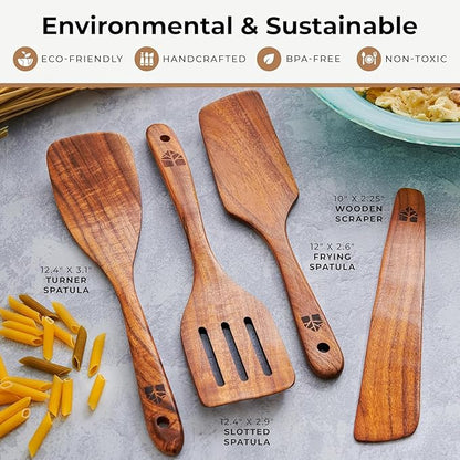 Wooden Spatula for Cooking - Natural Teak Wood Spatula for Non Stick Frying Pan - Wooden Cooking Utensils Set of 4 Including Paddle, Turner, Slotted Spurtle and Wood Scraper - Long Ergonomic Handles - Image 5