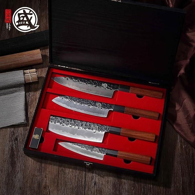 MITSUMOTO SAKARI Japanese Chef's Knife Set 4 Pcs, Professional Hand Forged Kitchen Chef Knife Set, High Carbon Ultra Sharp Cooking Chefs Knife Set (Rosewood Handle & Sandalwood Box) - Image 6
