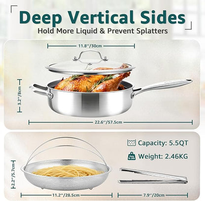 LOLYKITCH 5.5-Quart Hybrid Sauté Pan with Lid, 12-Inch Nonstick Deep Skillet with Fry Basket & Tongs, 3-ply Stainless Steel Large Frying Pan with Steam Insert, Works on All Cooktops - Image 6