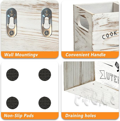 Retro White Wood Kitchen Utensil Holder - Small, Durable & Ideal for Kitchen Counter Decor （Retro White 2 Compartment）