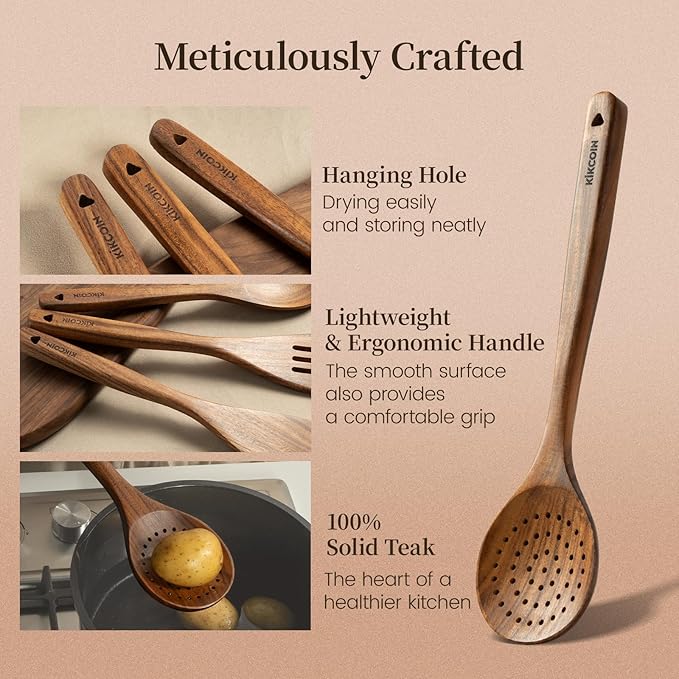 Kikcoin 10 PCS Durable Natural Teak Wooden Cooking Utensil Set, Non Toxic Wooden Spoons for Cooking, Wooden Utensil Set for Cooking with Comfort Grip, Nonstick & Easy to Clean Wood Kitchen Utensil Set - Image 6